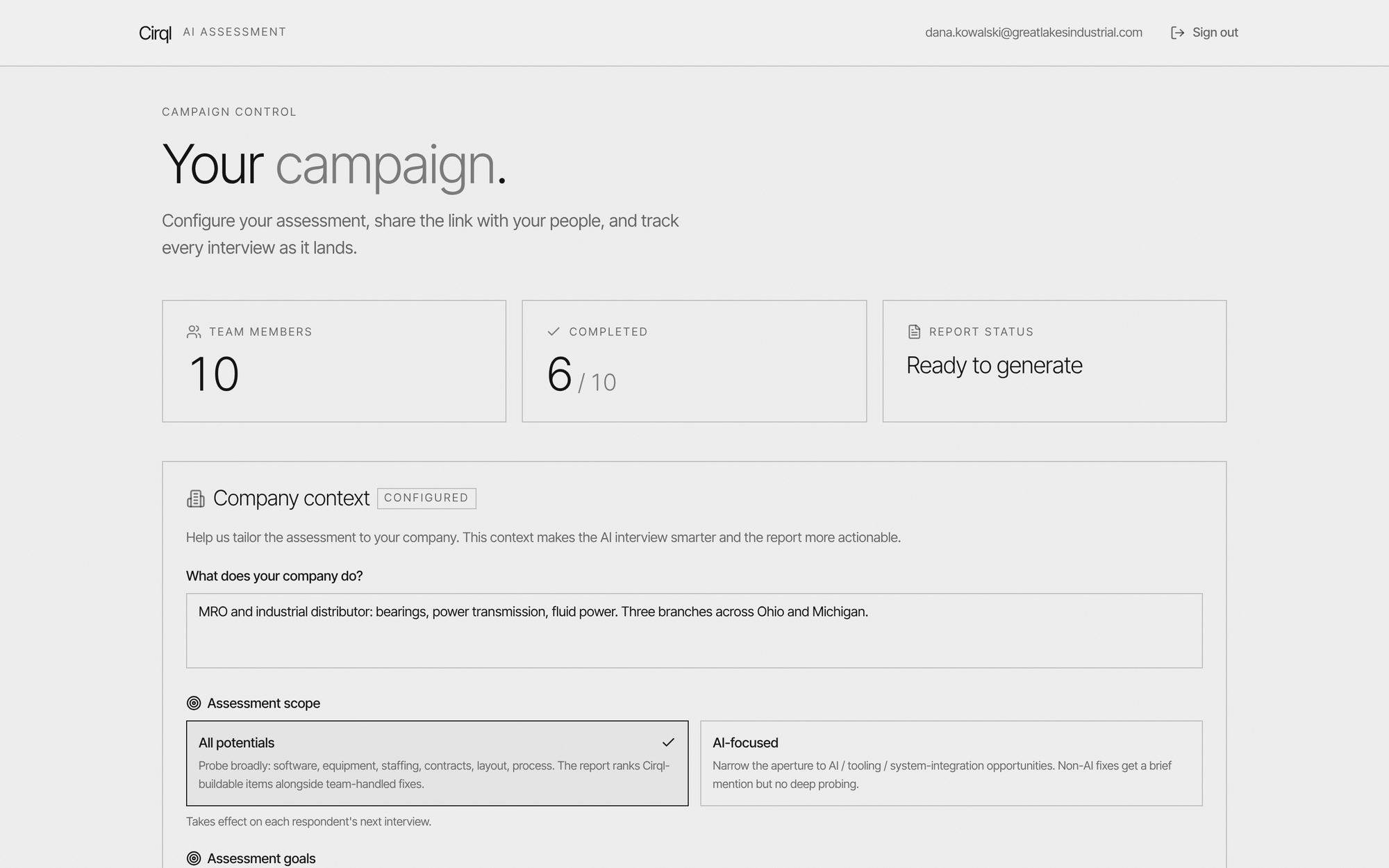 The company dashboard showing interview completion by site and role, with the roster and invite controls.