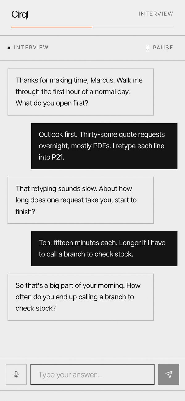 The employee interview on a phone: the AI interviewer asking an inside sales rep to walk through a typical quote.