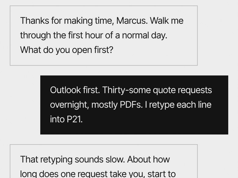 A warehouse lead answering interview questions on their phone.